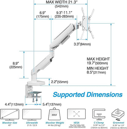 AVLT RGB Lights Single 17”-49” Gaming Monitor Arm Desk Mount, Fits One Flat/Curved/Ultrawide Screen up to 44lbs(20kg), Height Swivel Tilt Adjustable Stand - White