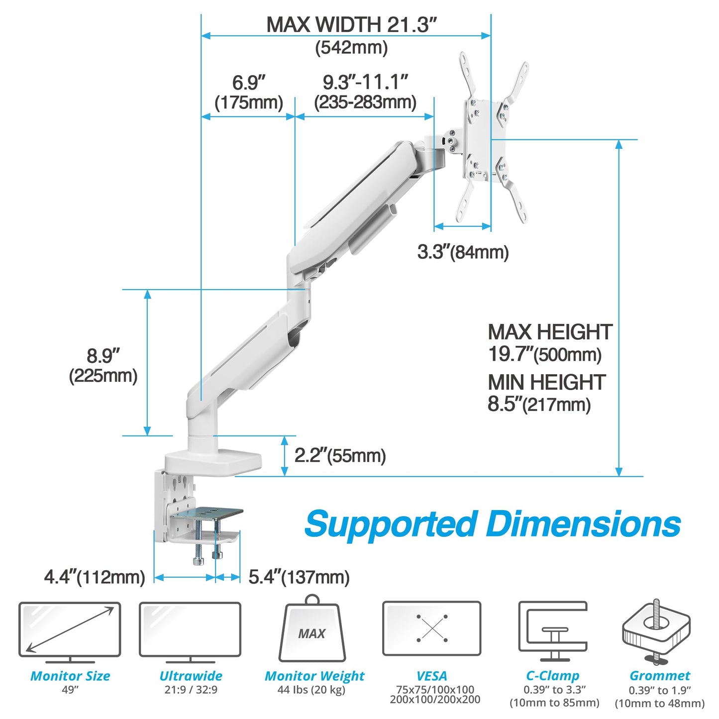 AVLT RGB Gaming Single Monitor Arm Desk Mount for 17-49" Screens - White
