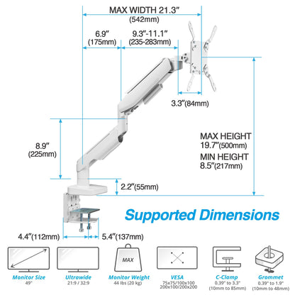 AVLT RGB Gaming Single Monitor Arm Desk Mount for 17-49" Screens - White