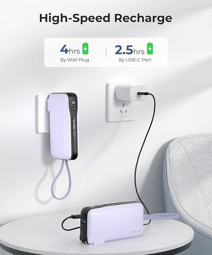 Portable Charger with Built-in USB-C Cable & Plug, 10,000mAh 5V/4.5A Power Bank Fast Charging 22.5W, Travel Essential Battery Pack 3 Output for iPhone 16/15 Series, Samsung Galaxy, iPad, 1 Pack