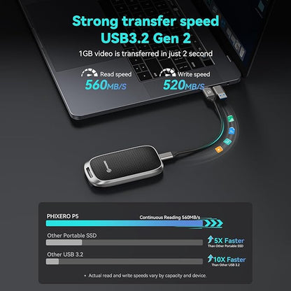 PHIXERO 512GB Portable SSD, Type-C Interface, Up to 450Gbps, Built-in mSTAT SSD for Ultra-Fast Data Transfer,Black