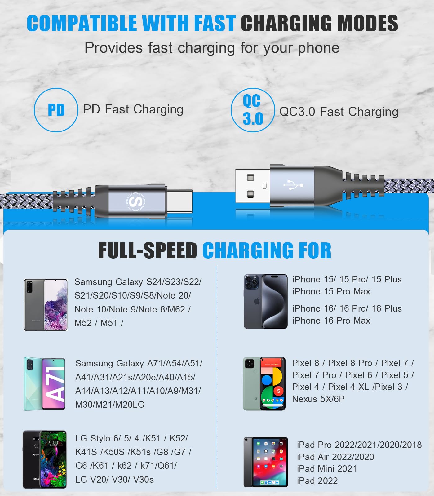 sweguard USB Type C Charger Cable [3-Pack,6.6ft+3.3ft+1.5ft] iPhone 16 Charger Nylon Braided Cord for iPhone 16 15 Pro Max Plus Samsung Galaxy S24 S23 S22 S21 S20 S10 Note 20 10 A54 Pixel LG Moto PS5