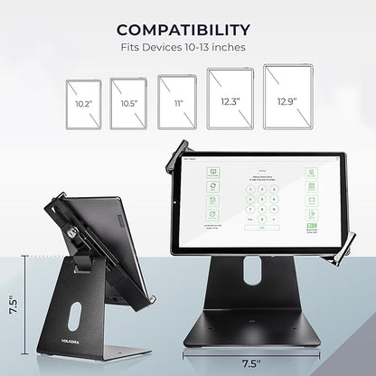 Volcora Anti-Theft Tablet Stand iPad Security Holder with Lock, Black 10-13 Inch Kiosk Stand Mount, Swivel, Adjustable, for iPad Pro, Air, POS Register, Retail Business, Checkout, Cashier