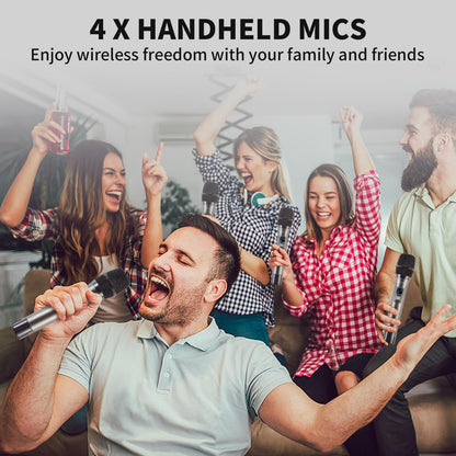 Boeska Wireless Microphone System, 4-Channel UHF Wireless Mic, Fixed Frequency Metal Cordless Mic with 4 Handheld Dynamic Microphones, 200ft Range, Mics for Singing, Church (4 Handheld)