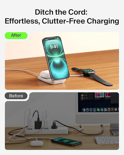 Belkin MagSafe Charger Compatible, 2-in-1 Charging Station, Qi2.2 25W Magnetic Wireless Charger Dock, Foldable Stand, with 5W USB-C Port, for iPhone 16/15/14, AirPods (45W Adapter Included)