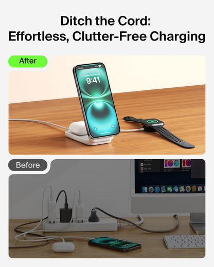 Belkin MagSafe Charger, Compatible 2-in-1 Charging Station, Qi2.2 25W Magnetic Wireless Charger iPhone, Foldable Stand, with 5W USB-C Port, for iPhone 17/16/15, Pixel 10, AirPods, 45W Adapter Included