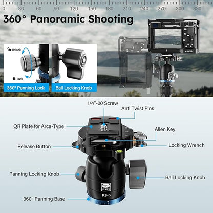 SIRUI Carbon Fiber Travel Tripod - Lightweight 55.1" Compact Tripod with 360° Panorama Ball Head, Quick Release Plate (AM-025K+KS-5)