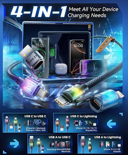 SHEZI 4-in-1 USB C Cable [240W Fast Charging & Data Transfer] Nylon iPhone Charger Cord with Light, Multi Charge Cables Combo with L/Type C/USB A Port for iPhone/iPad/Samsung, 5FT