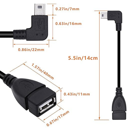 90 Degree Mini USB to USB A OTG Adapter Cable 5.5in Left Angle Mini USB 5-Pin Type B Male to USB Type A Female Adapter Cord for Digital Cameras,Black,14cm(2 Pack,Left)