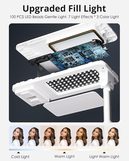 Phone Stand for Recording, Overhead Phone Mount with Light, Selfie Stand,Portable,Extendable,360° Rotate,Adjustable,Wireless Remote,Rechargeable, for 3.5-6.9" Phones, Live Streaming, White