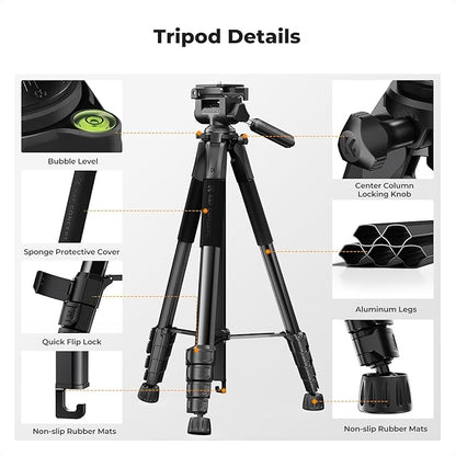 K&F Concept Camera Tripod, 75" Lightweight Portable Travel Outdoor DSLR Tripods for Camera Phone Video Recording Tripod Stand, Cellphone Clip for Smartphone Live Streaming Vlog, Black