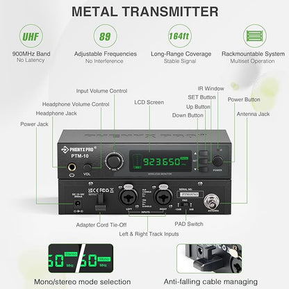 Phenyx Pro Wireless in-Ear Monitor System, Stereo IEM System with Rack Mount Kit, 89 Frequencies, 900MHz UHF Band, 164ft Range, Suitable for Stage & Studio (4 Bodypacks with Transmitter)