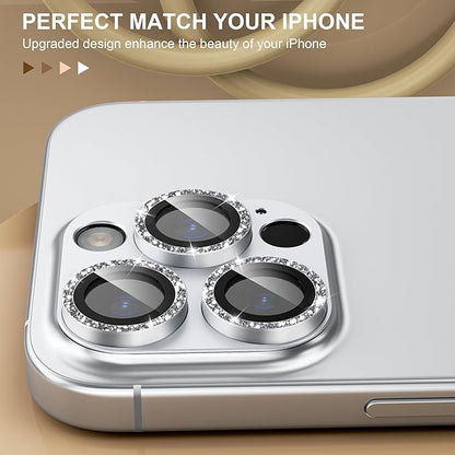 beuxece Compatible for iPhone 16 Pro/iPhone 16 Pro Max Camera Lens Protector, Bling Metal Tempered Glass Camera Screen Cover Accessories [Strong Adsorption][Case-Friendly]- Glitter Titanium Silver