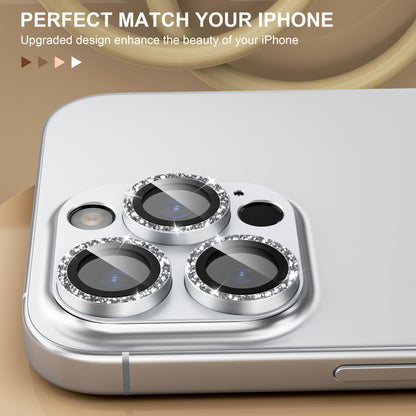 beuxece Compatible for iPhone 16 Pro/iPhone 16 Pro Max Camera Lens Protector, Bling Metal Tempered Glass Camera Screen Cover Accessories [Strong Adsorption][Case-Friendly]- Glitter Titanium Silver