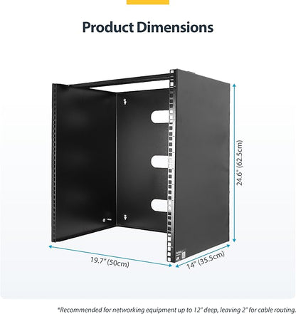 StarTech.com 14U Wall Mount Network Rack, 14 in Deep (Low Profile), 19" Patch Panel Bracket for Shallow Server, IT Equipment, Network Switches, 77lbs/35kg Weight Capacity, Black (RACK-14U-14-BRACKET)