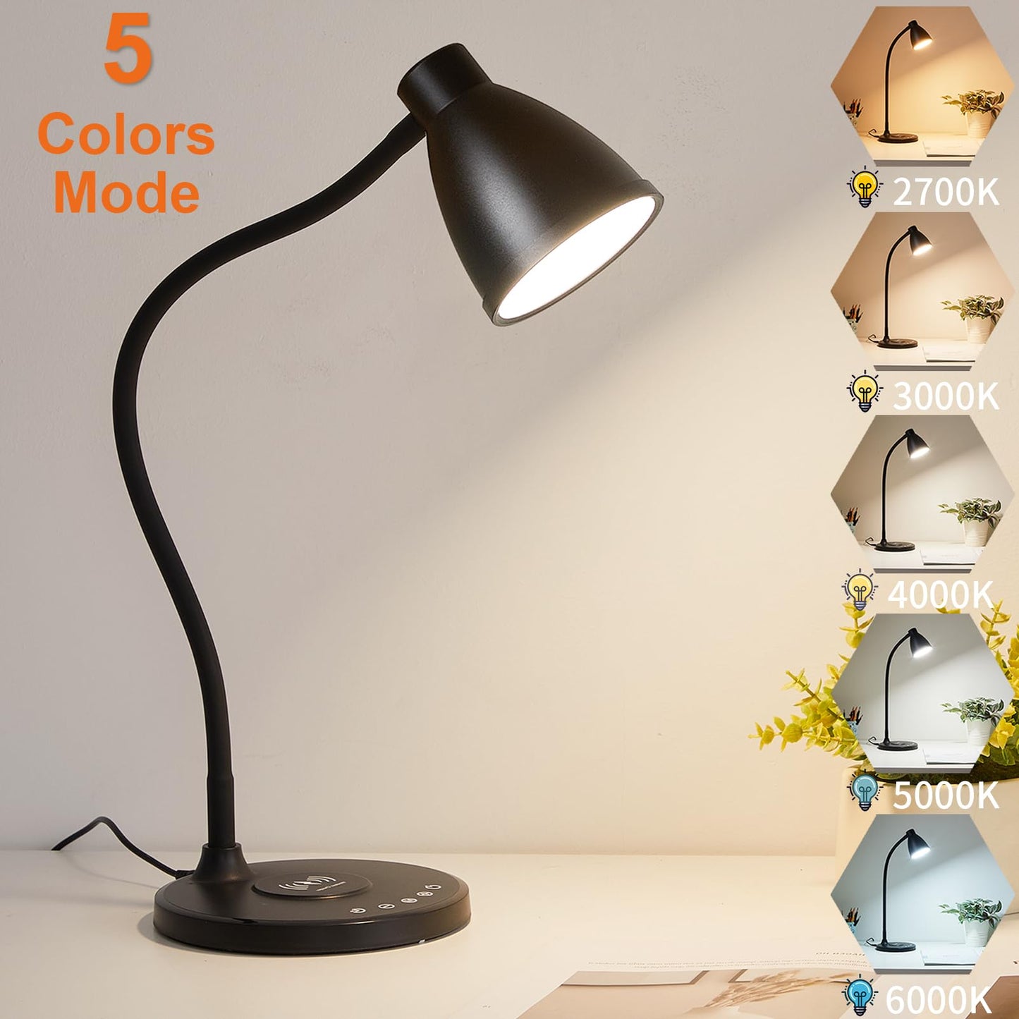 BOHON Desk Lamp for Home Office with USB C+A Charging Ports Timer Black