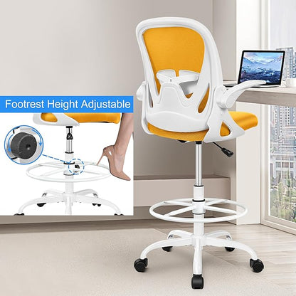 Primy Drafting Chair Tall Office Chair with Flip-up Armrests Executive Ergonomic Computer Standing Desk Chair with Lumbar Support and Adjustable Footrest Ring (Mustard)