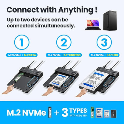 GRAUGEAR SATA SSD/HDD to M.2 NVMe Docking Station, USB-C 10Gbps Clone Station for M.2 NVMe SSD to SATA 2.5”/3.5” SSD & HDD Converter, Offline Cloning, Tool-Free, Built-in Cooling Fan