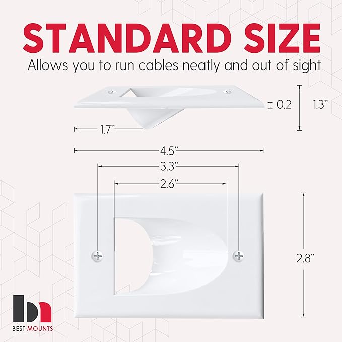 BestMounts - 1 Pack In Wall Cable Management Kit - Recessed Wall Plate Cable Pass Through Pair with Single Gang Low Voltage Mounting Bracket - TV Cord Hider for Wall Mounted TV ETL Listed