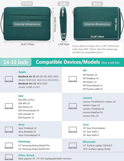 HYZUO 14-15 Inch Laptop Sleeve Bag for MacBook Air 15 M4 M3 M2, MacBook Pro 15, 15" Surface Laptop, XPS 14/15 Plus, Portable NoteBook Case for 14" HP Dell Lenovo ThinkPad Asus Acer, Dark Green