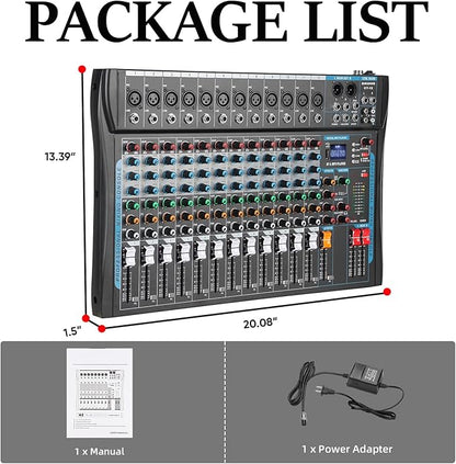12 Channel Audio Interfacer Sound Board Mixer DJ Mixer 16-Bit DSP Effect USB Audio Mixer +48V Phantom Power Bluetooth Mixer for Karaoke Studio Streaming Recording,Live Streaming
