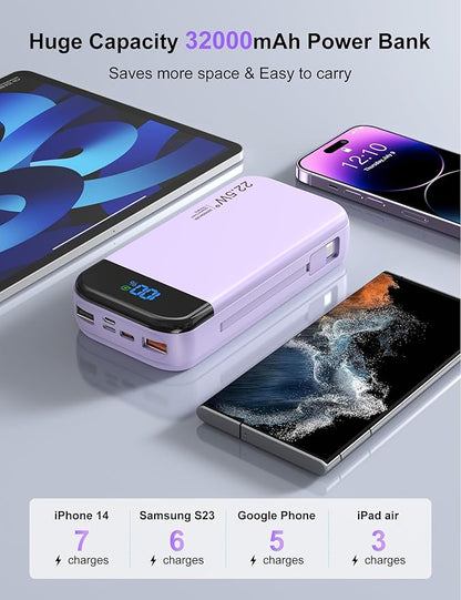 Portable Charger Power Bank 32000mAh with Built in Cables, PD3.0 USB C Fast Phone Charger, 5 Outputs LCD Display Travel Battery Pack Compatible with iPhone, Samsung All Cell Phones (Purple)