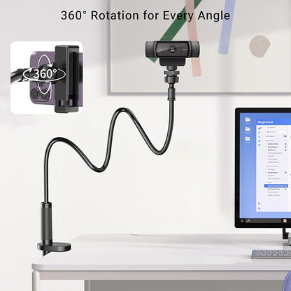 Flexible Webcam Stand Mount for Desk, Gooseneck Webcam Tripod with Clamp, Desktop Phone Holder & Table Top Tripod Compatible with Action Camera Gopro C922 C930e C920S C920 C615 C960 C920x Brio