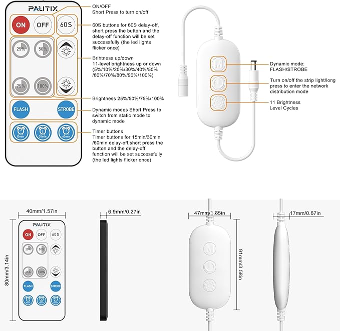 PAUTIX 2-Way RF WiFi Smart Remote Dimmer for Single Color LED Strip Lights,Work with Alexa and Google,14-Key Wireless Remote,DC 12-24V Controller for 3528/2835/5050/COB LED Strip Light(One to Two Way)