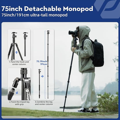 Fotopro 73" Carbon Fiber Tripod for Camera, Compact Travel Tripod with Ball Head, Detachable Monopod with Quick Release Plate and Camera Bag, Load up to 22lbs/10KG