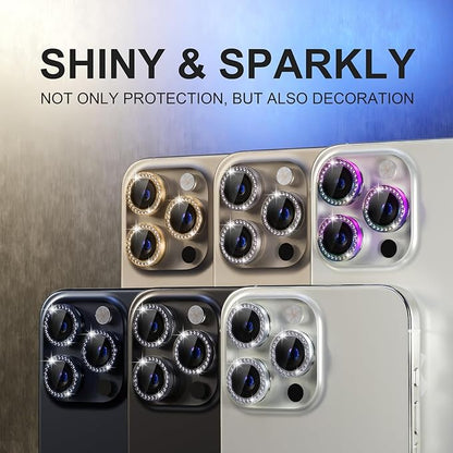 Choiche Compatible for iPhone 15 Pro/iPhone 15 Pro Max Camera Lens Protector Bling, 9H Tempered Glass Camera Cover Screen Protector Metal Ring Decoration Accessories (Diamond-Titanium Gray)