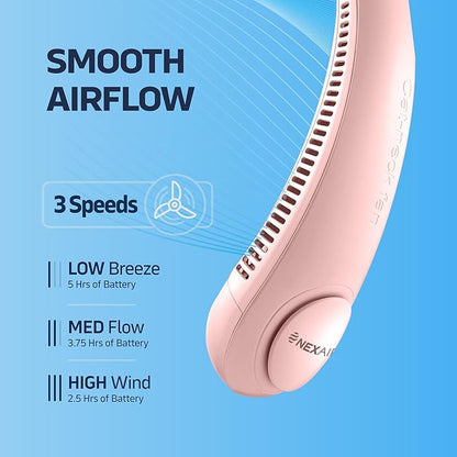 Portable Neck Fan -3 Speed Rechargeable Bladeless Neck Cooler, Pink Comfortable Lightweight, Personal Neck Fan For Women & Men Modern Design, Great Cooling Fan For Travel, Outdoors & Sports