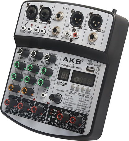 Dj Mixers 4 Channel Audio Mixer Sound Board with Bluetooth, Usb Audio Interface with 48V Phantom Power Sounds Mixer Board with 99 DSP FX Reverb Delay Effect