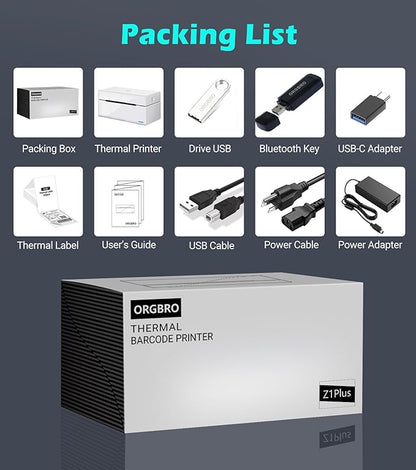 ORGBRO Bluetooth Thermal Shipping Label Printer, Z1-Plus Wireless 4X6 Shipping Label Printer for Small Business Office or Home Support iPhone Android Windows macOS Chrome Amazon Ebay Shopify USPS