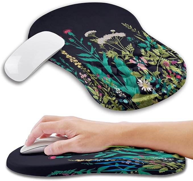 Kuosgm Ergonomic Mouse Pad Wrist Support with Memory Foam Massage Bulge, Carpal Tunnel Pain Relief Mousepad Wrist Rest for Mouse(12x8 inch, Midnight Floral)