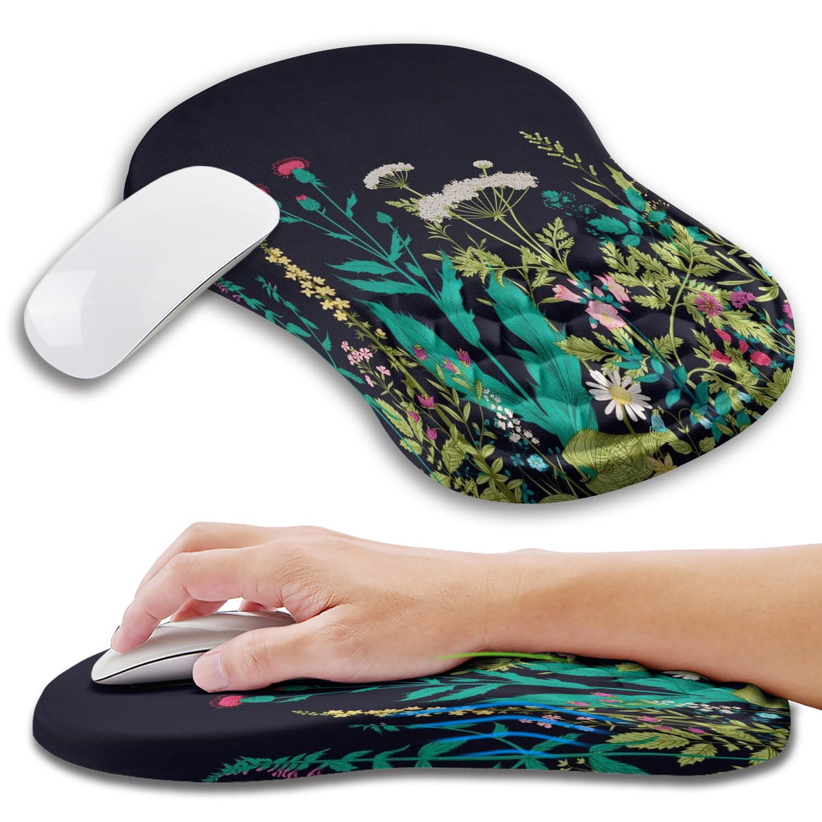 Kuosgm Ergonomic Mouse Pad Wrist Support with Memory Foam Massage Bulge, Carpal Tunnel Pain Relief Mousepad Wrist Rest for Mouse(12x8 inch, Pink Flowers)