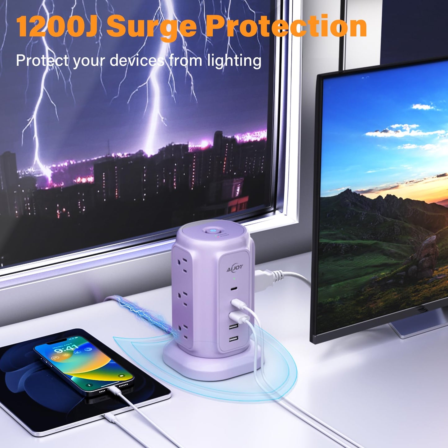 AiJoy Power Strip Tower with 9 AC Outlets and 5 USB Ports Charging Station
