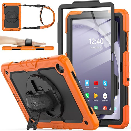 SEYMAC stock Case for Samsung Galaxy Tab A11+ Plus/A9+ Plus 11'', Full-Body Drop Protection Case with Screen Protector Pencil Holder [360° Rotating Hand Strap] &Stand, Orange+Black