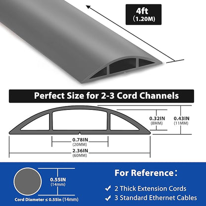 4ft Cord Cover for Wires on Floor, Grey Extension Cable Management, Hide Electrical Hider Protector, Cable Cavity: 0.78" W x 0.32" H