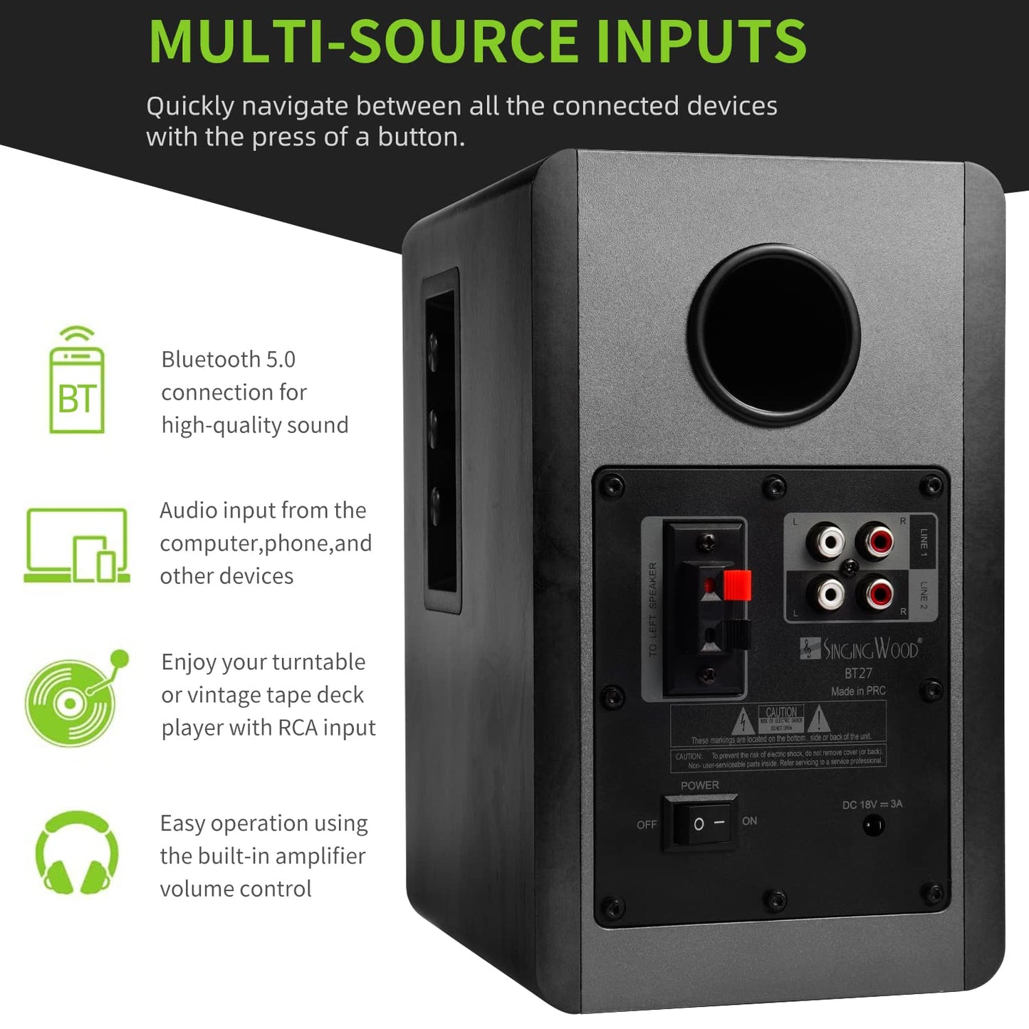 SINGING WOOD BT27 Active Powered Bluetooth Bookshelf Speakers - 60W RMS Studio Monitor Speakers for PC, TV, Turntable - High Fidelity Wooden Enclosure with Remote Control - Black