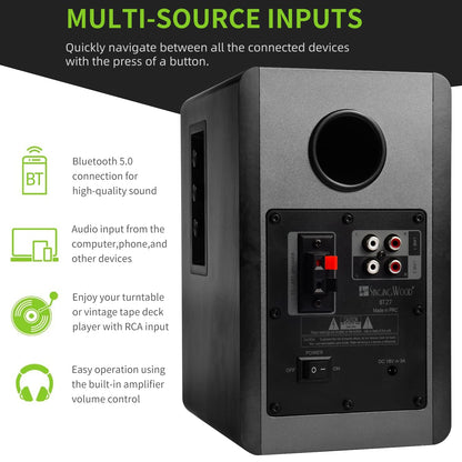 SINGING WOOD BT27 Active Powered Bluetooth Bookshelf Speakers - 60W RMS Studio Monitor Speakers for PC, TV, Turntable - High Fidelity Wooden Enclosure with Remote Control - Black