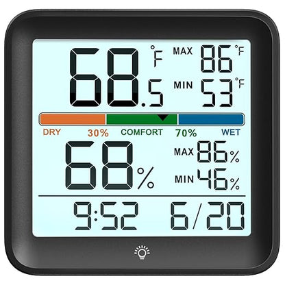 Indoor Thermometer Room Temperature Home Hygrometer Humidity Gauge, Accurate Calibration, Backlight, Air Comfort Indicator, Max Min Records, Time, Date (1, Black, 3.6" W x 3.4" H)
