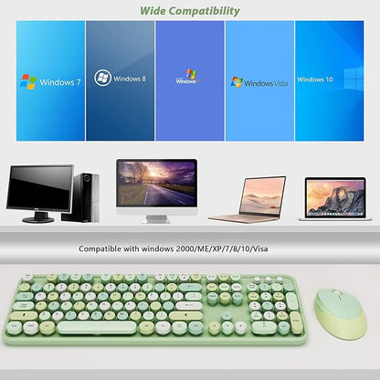 Green Wireless Keyboard and Mouse, KOOTOP Cute Green Colorful Keyboard and Mouse, 2.4G Wireless Keyboard with Retro Round Keycap for PC, Mac, Laptop,Tablet,Computer Windows (Green)