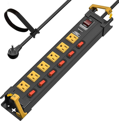 CRST 6 Outlets Wide Spaced Power Strip, Metal Wall Mount Surge Protector Power Strip with Individual Switches and Cord Manager for Garage, Shop, Office, Home. 1020Joules, 15Amp/1875W, 6 FT Cord