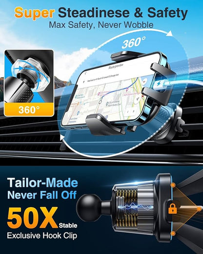 VANMASS Car Phone Holder Mount 2025 Upgraded [Patent Steel-Hook] Car Vent Phone Mount Clip Military-Grade Shockproof Cell Phone Car Mount Handsfree Truck Stand Vent Cradle for iPhone Android,Silvery