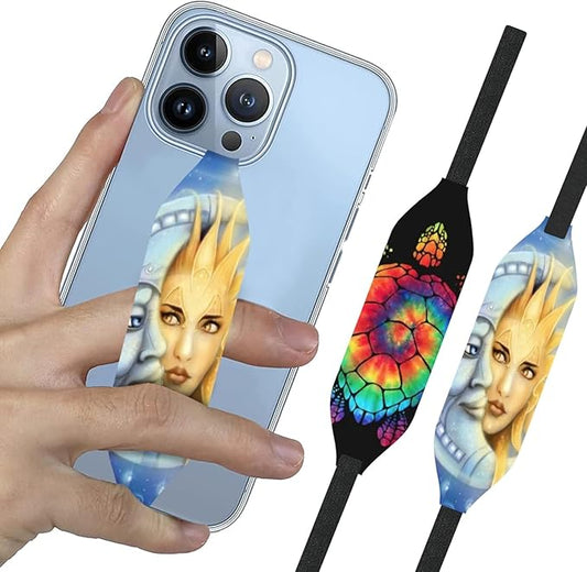 Switchbands Universal Phone Grip Strap – Customizable Elastic Phone Strap Grip Holder, Slim Finger Strap for Phone Case, Cell Phone Grip for Secure One-Hand Use - Moon Sun & Psychedelic Turtle