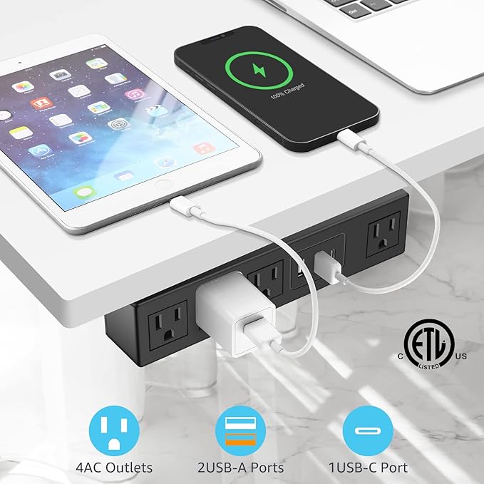 HHSOET 45W Under Desk Power Strip with 3M Adhesive, Removable Under Desktop Mount Plug with Fast Charging USB C and USB A Ports, 4 Outlet Under Table Surge Protector 1200J, 6FT Extension Cord. (Black)