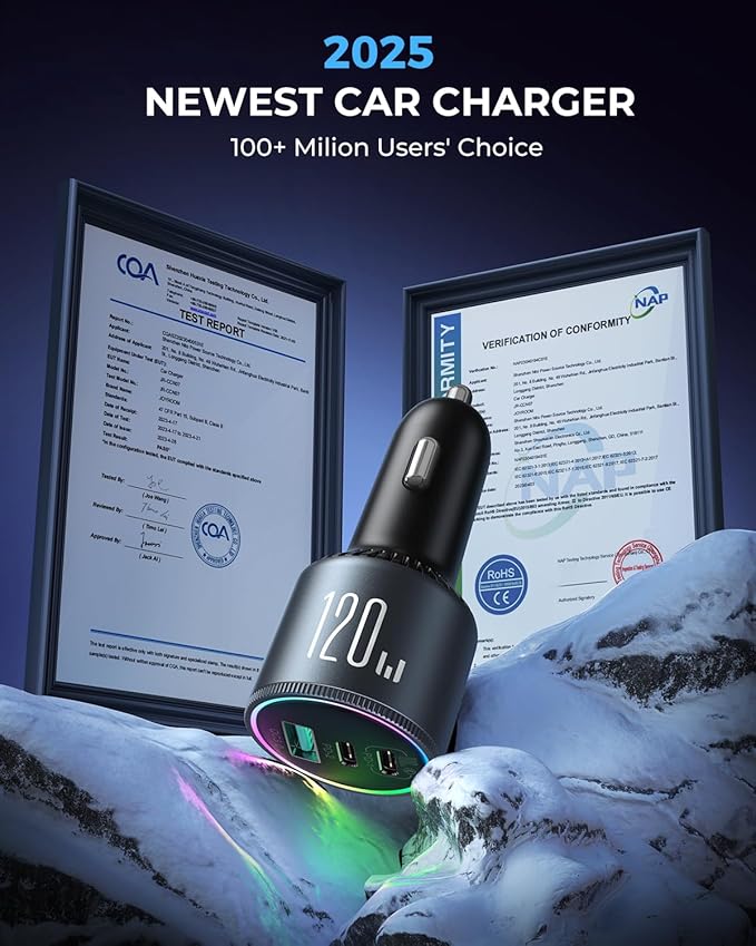 JOYROOM 175W Super Fast Car Charger [GaN] 3-Port Car Charger USB C Fast Charge with USB-C Cable, Car Cigarette Lighter USB Charger for iPhone 17/16/15, Samsung S26/25, Pixel 10, MacBook, iPad and More