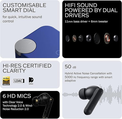 CMF Buds Pro 2 Wireless Earbuds, Hi-Res Audio with LDAC, 50 dB Hybrid Noise Cancelling Earbuds, Ultra Bass Technology, Bluetooth 5.3, 43H Play Time with Charging Case, 6 HD Mics Headphones, Blue