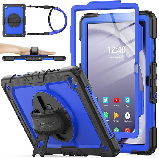 SEYMAC stock Case for Samsung Galaxy Tab A11+ Plus/A9+ Plus 11'', Full-Body Drop Protection Case with Screen Protector Pencil Holder [360° Rotating Hand Strap] &Stand, Blue+Black
