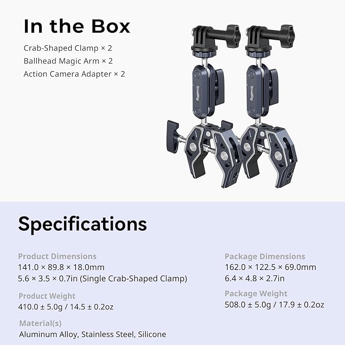 SMALLRIG Camera Mount Clamp 2-Pack, Ballhead Magic Arm with Adapter for GoPro, Camera Monitor Mount, Super Clamp for DSLR/Stabilizer - 5529